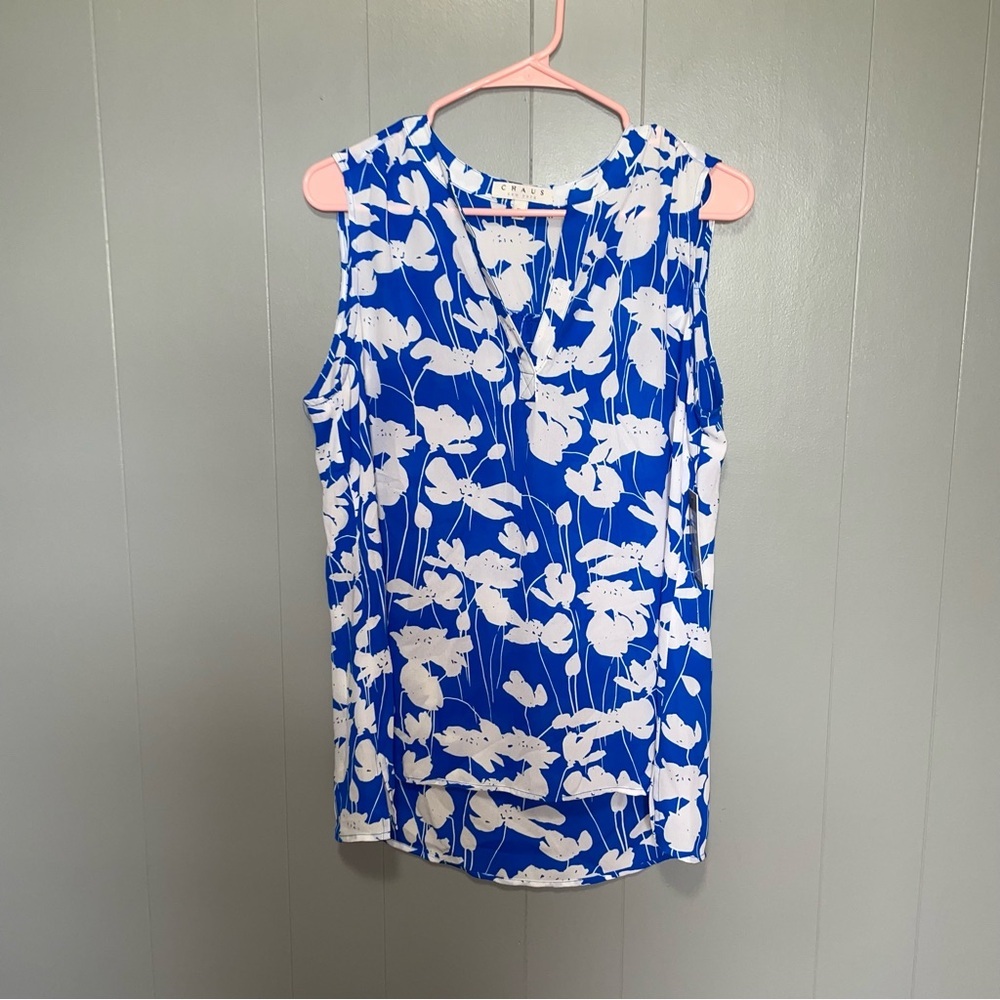 Chaus New York Blue White Floral Sleevless Tank Top Shell Medium NWT